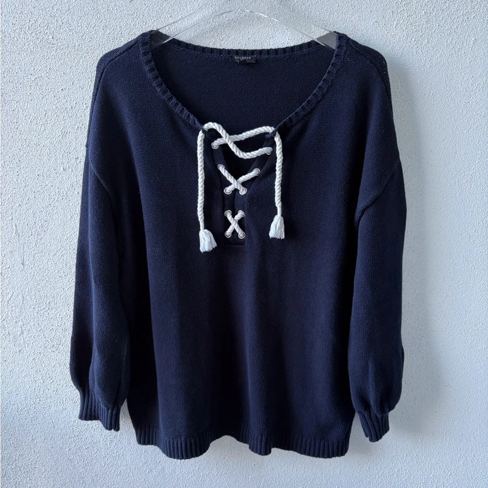 Talbots Plus Navy Lace Up Sweater Size 1X Bishop Sleeve Ribbed Hem Nautical Boat